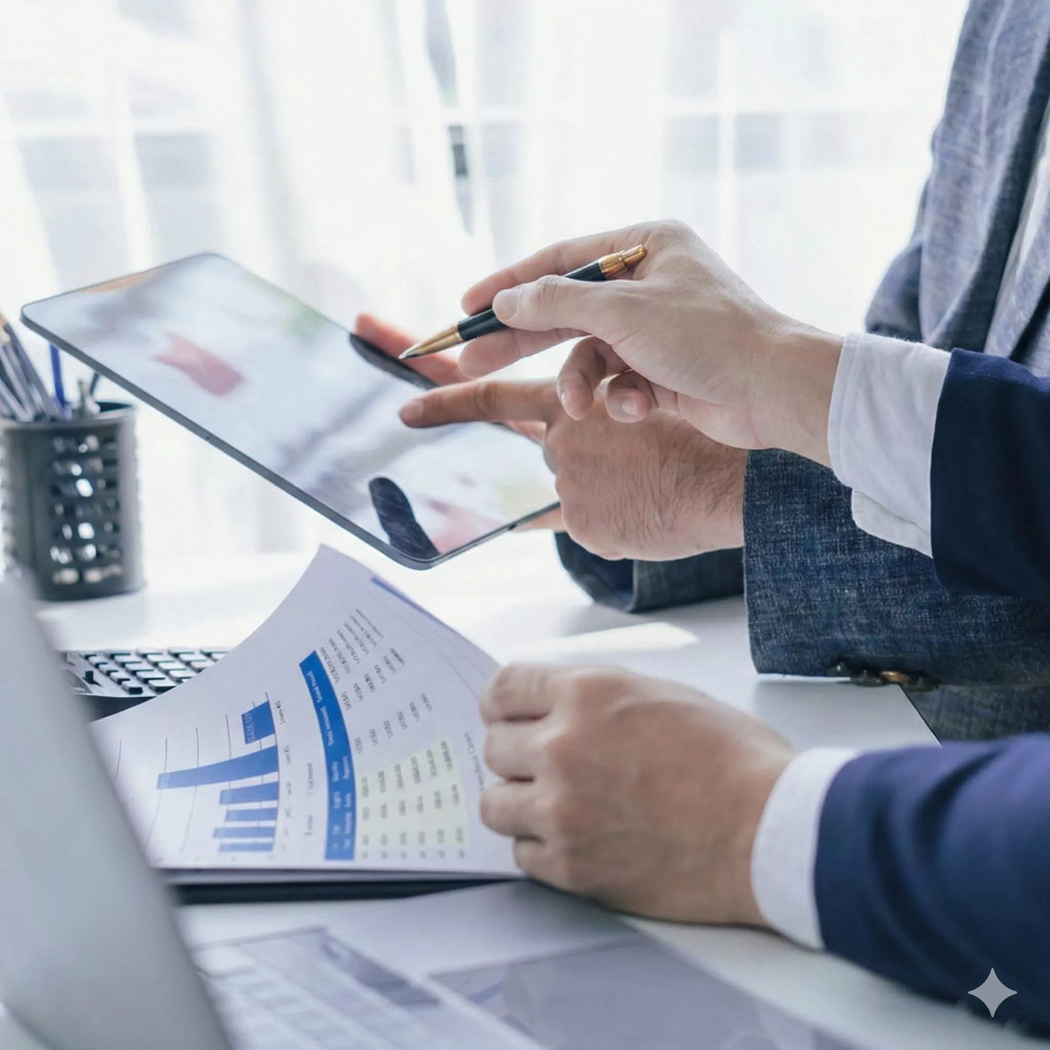 Steueroptimierung Nürnberg Drei Personen in Businesskleidung beraten sich am Schreibtisch